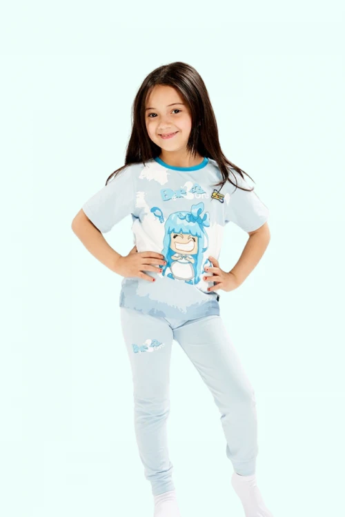 بيجاما بناتي سبيستون قطعتين لون سماوي  بأشكال شخصيات كرتونية و بنطلون طويل