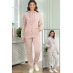 طقم نسائي أنيق قطعتين لون وردي مع قبعة هودي و أكمام طويلة و سحاب أمامي و جاكيت بجيوب بنطلون بمطاط
