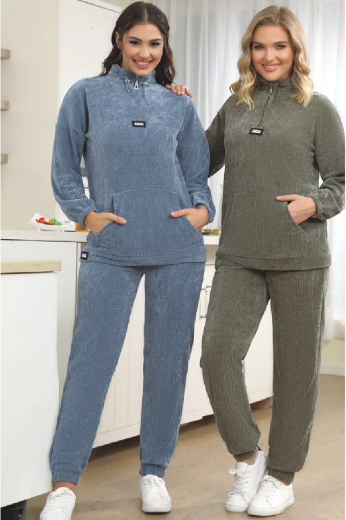 طقم نسائي أنيق قطعتين  أكمام طويلة  مع جيوب وسحاب أمامي وبنطلون بمطاط