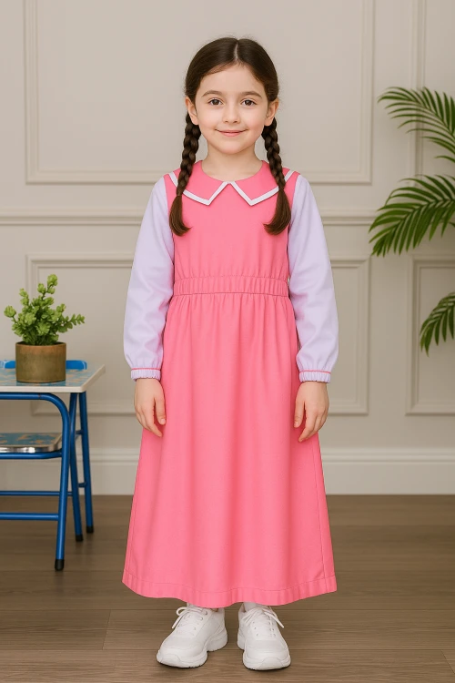مريول بناتي مدرسي لون وردي مع قميص أبيض متصل بياقة مطوية و بخصر مزموم و سحاب من الخلف